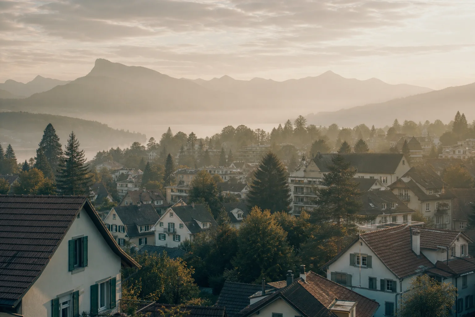 Toits et façades d'un quartier résidentiel suisse en fin de journée