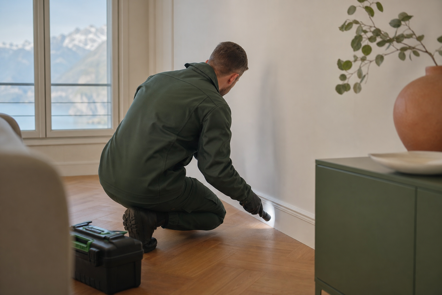 Technicien en intervention inspectant une plinthe dans un appartement suisse lumineux