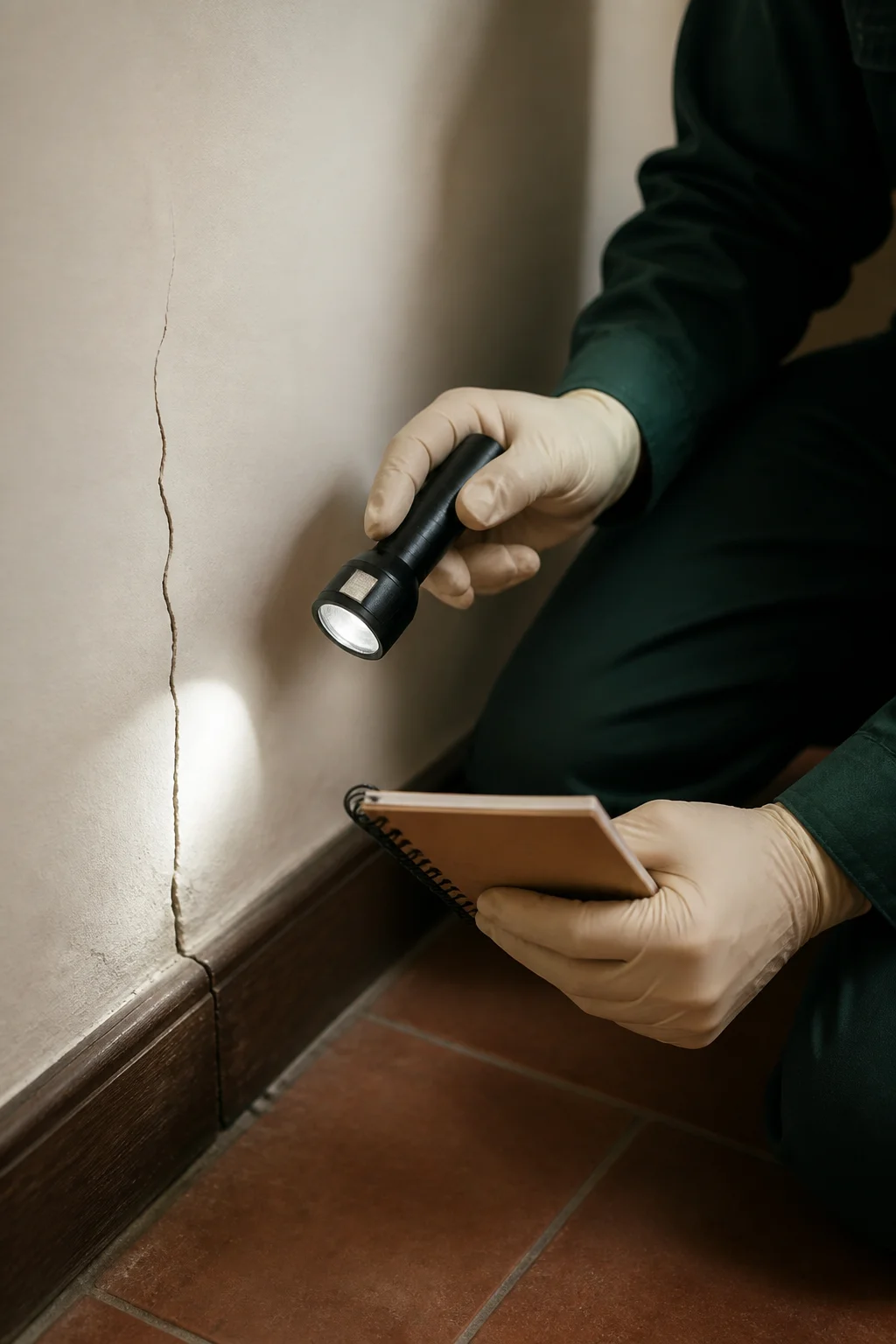 Mains d'un technicien tenant une lampe d'inspection et un carnet près d'une fissure de mur