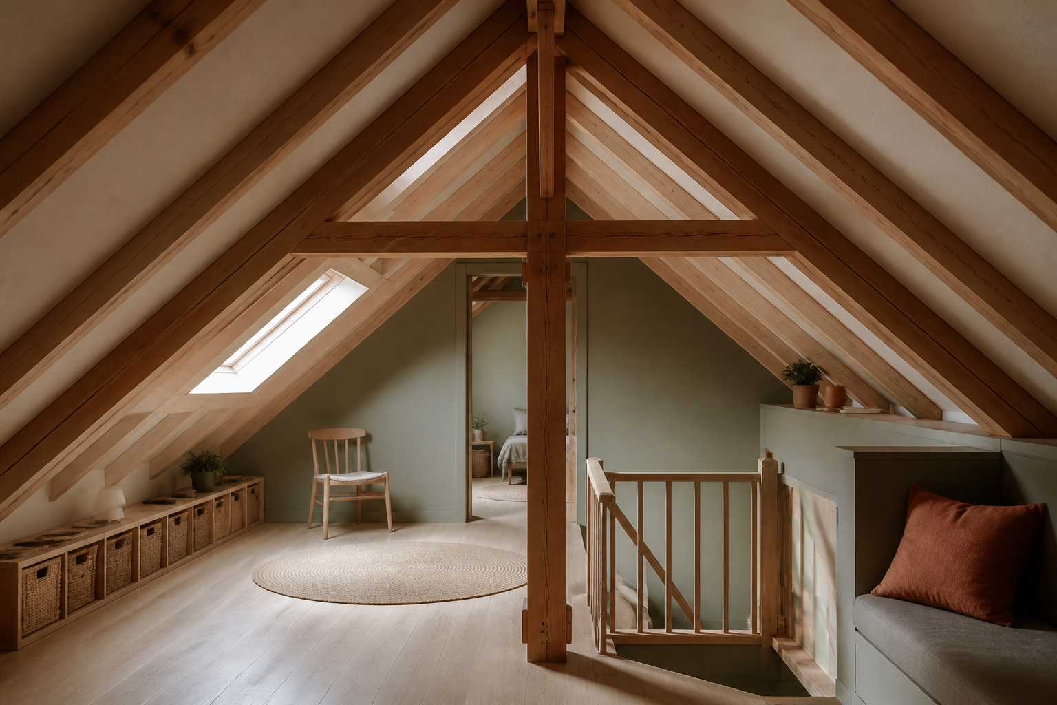 Combles d’une maison suisse, charpente claire — contexte typique des fouines