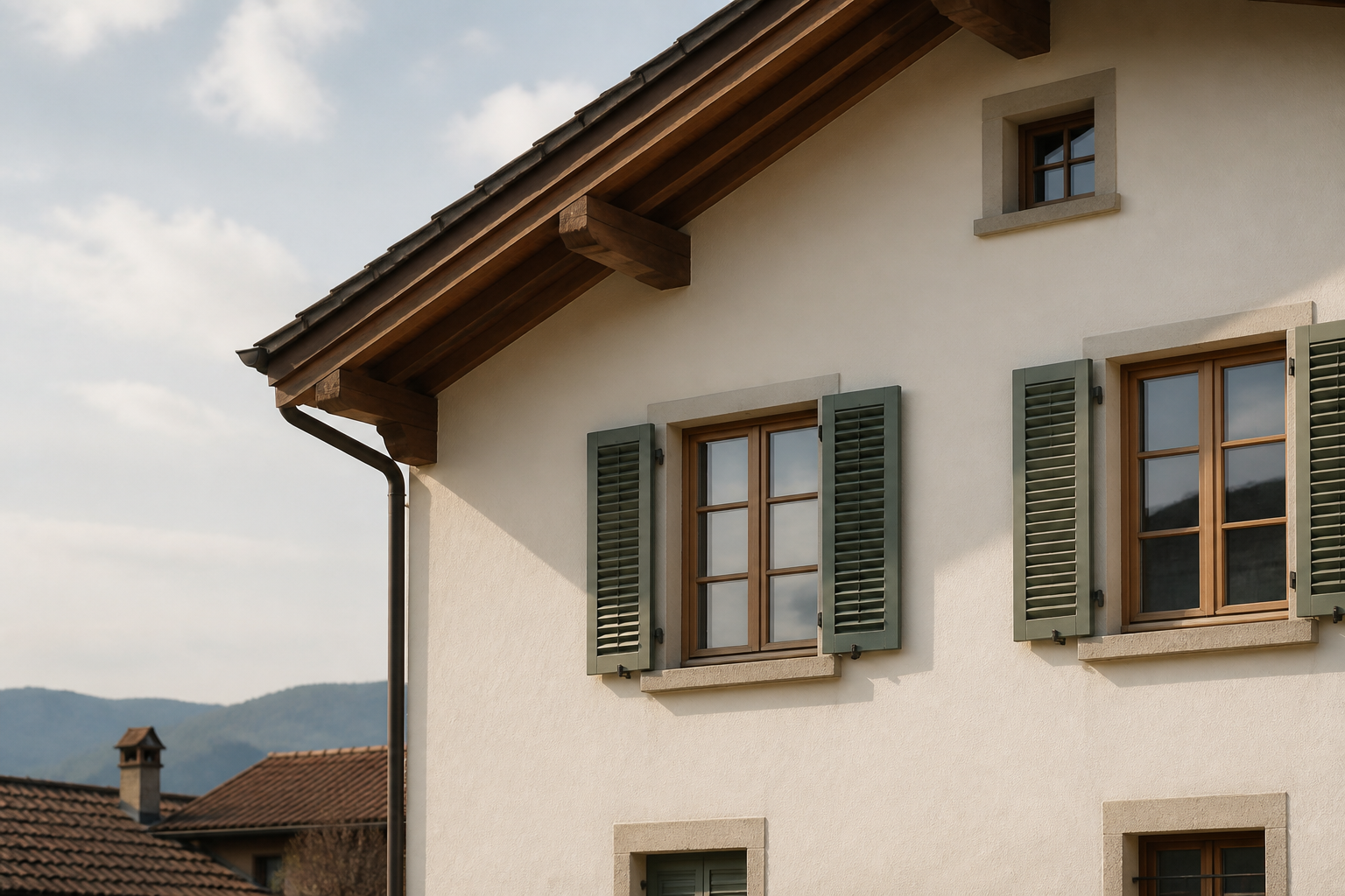 Façade et avant-toit d’une maison suisse — contexte typique des nids de guêpes
