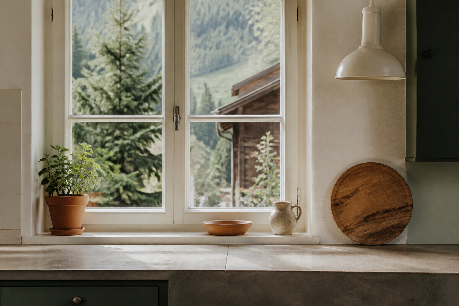 Cuisine suisse près d’une fenêtre lumineuse — contexte typique des mouches
