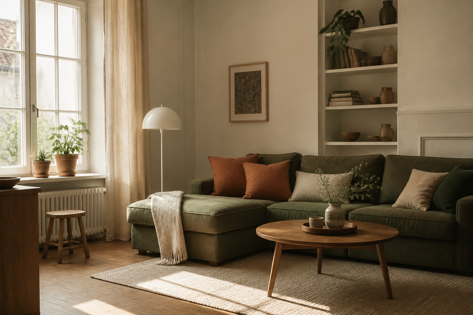 Salon suisse avec textiles et zone de repos — contexte typique des puces
