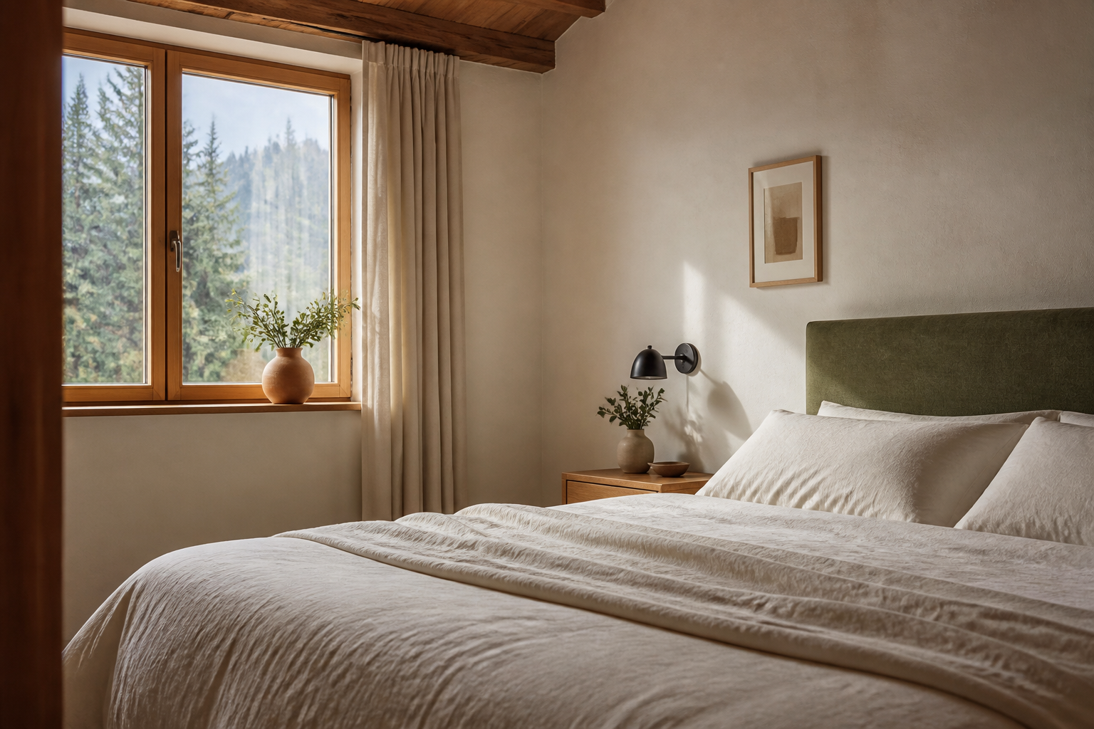 Chambre suisse lumineuse et rangée, literie nette — contexte typique des punaises de lit