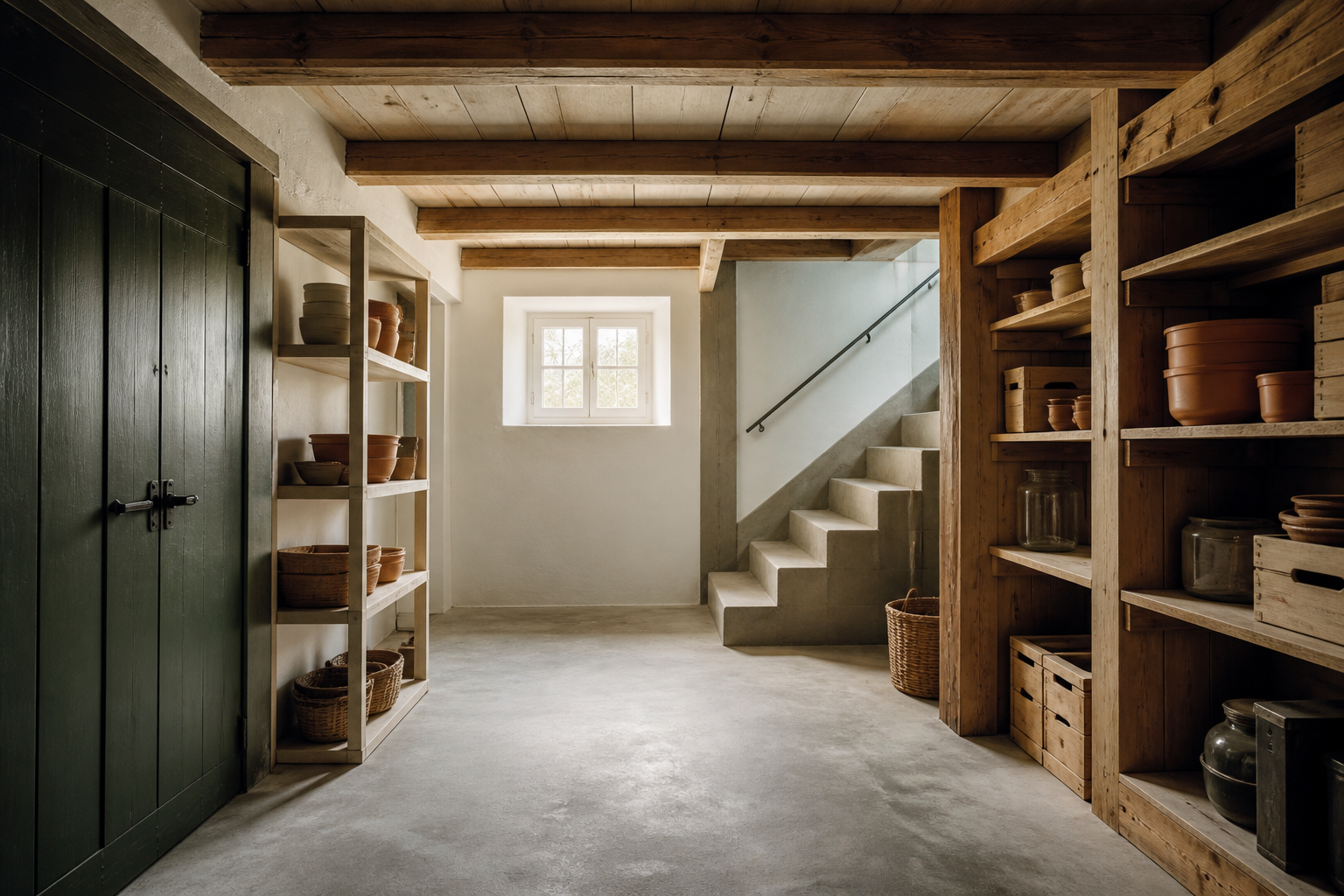 Cave ou combles d’une maison suisse, espace propre et lumineux — contexte rongeurs