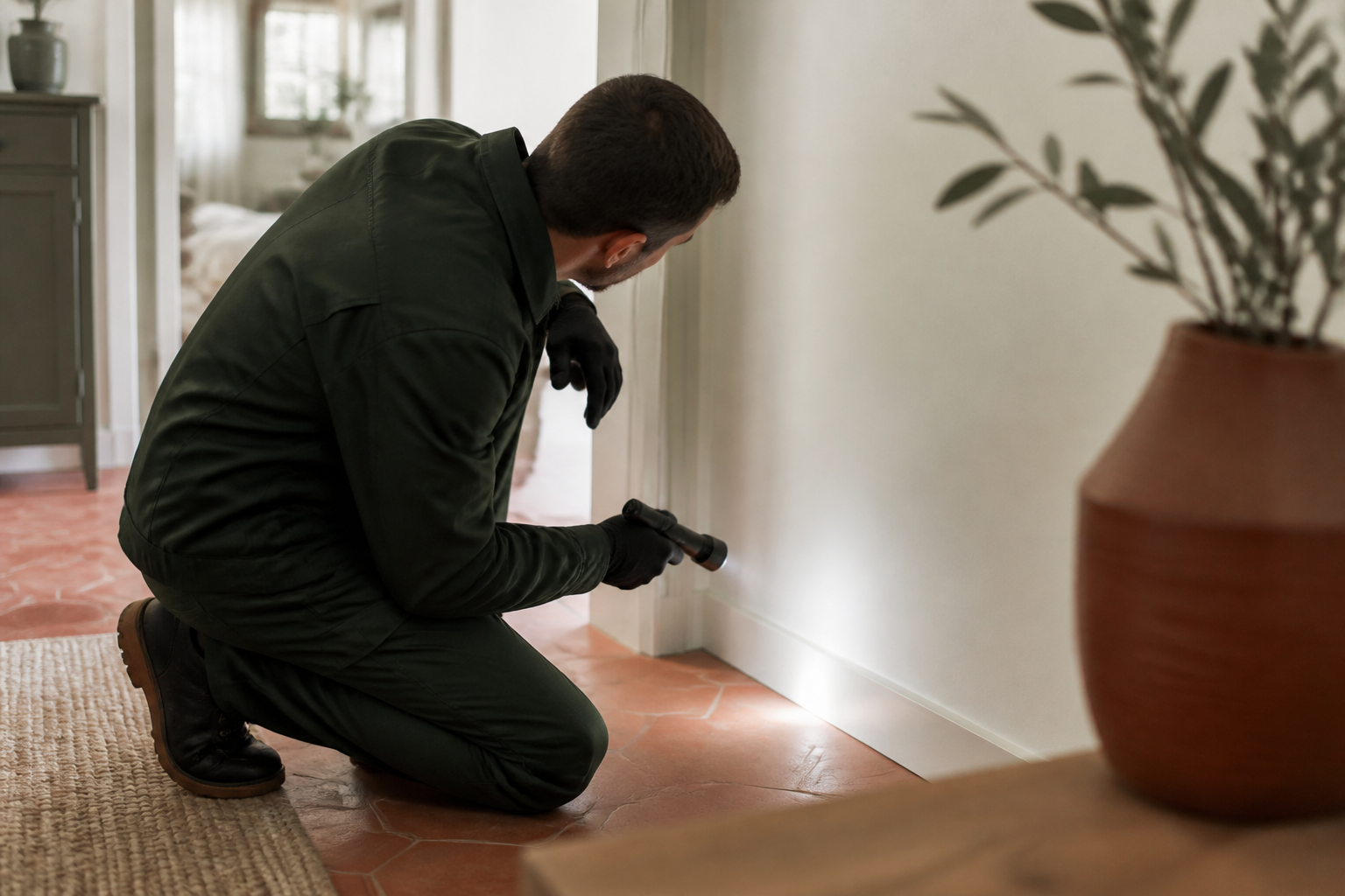 Technicien inspectant une plinthe dans un intérieur suisse