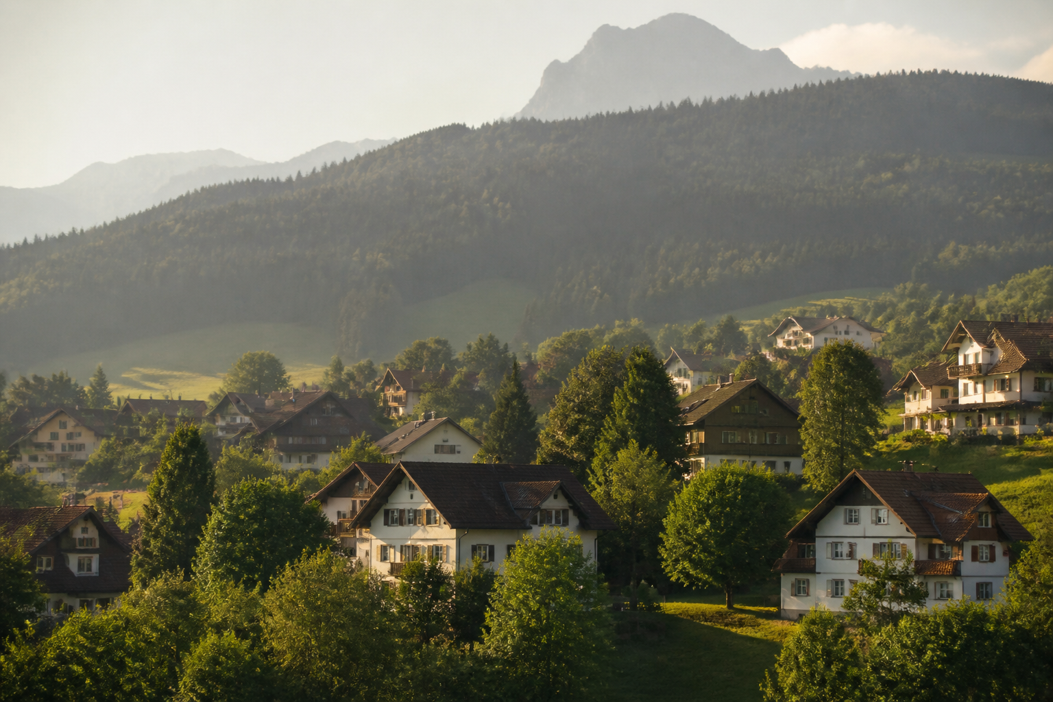Paysage résidentiel suisse — illustration de contexte, pas une photo d’équipe