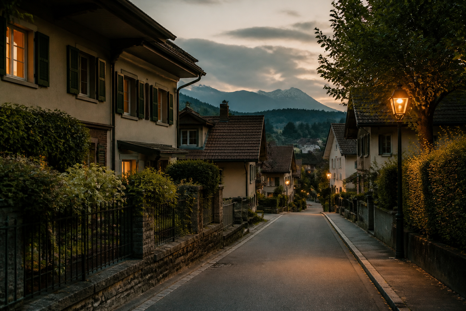 Rue résidentielle suisse en fin de journée, ambiance calme — contexte d’intervention urgente